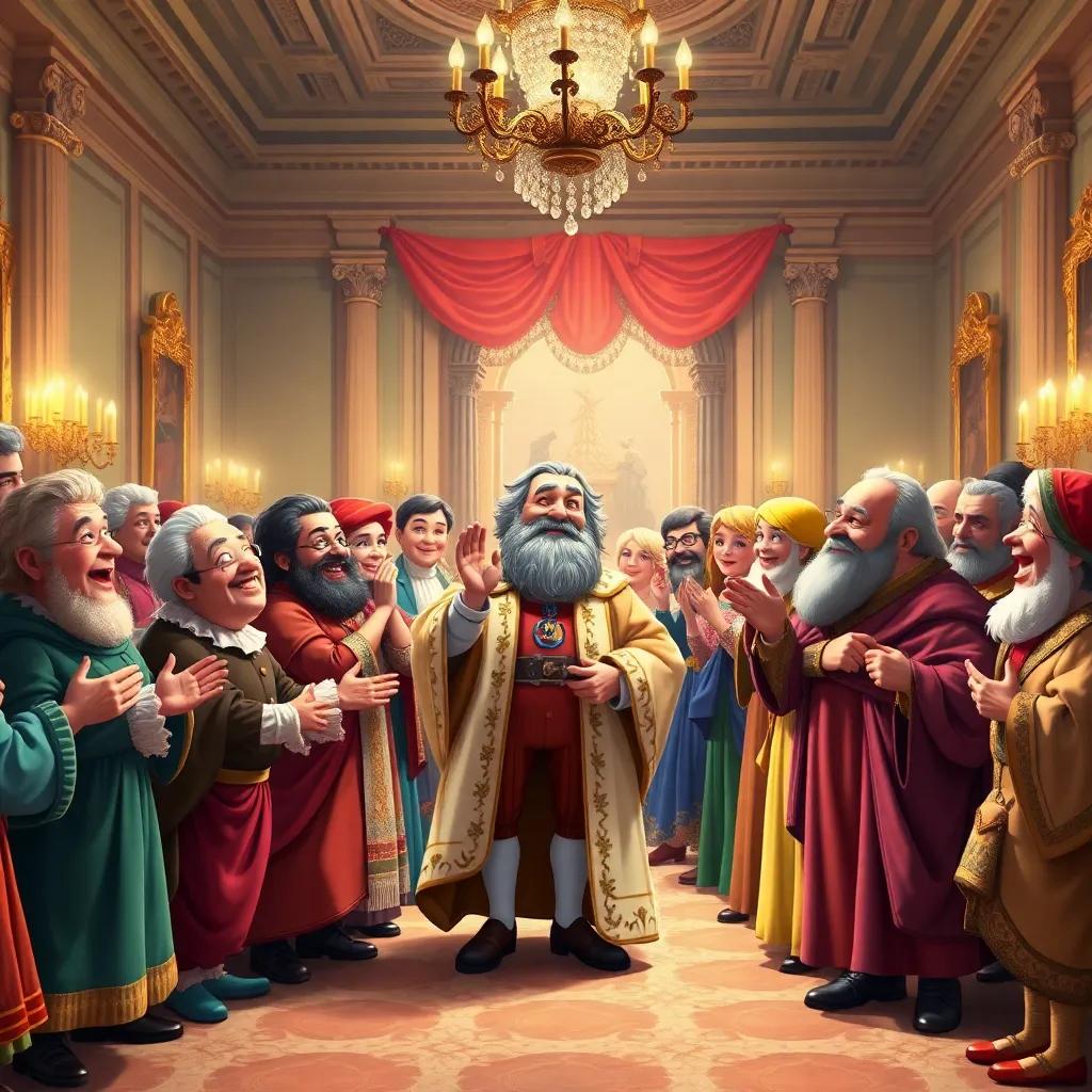 A lively celebration in the palace with Galileo and the Medicis in festive mood, surrounded by admirers and joyful gestures, colorful decorations, light-hearted atmosphere, rich colors, child-friendly, high quality