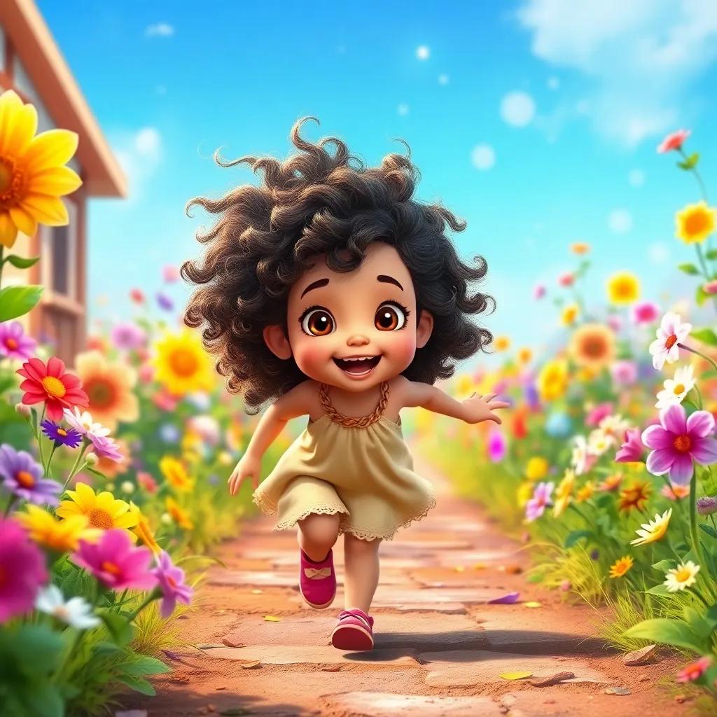 A young girl, Gallena, with wild curly hair and sparkling eyes, running excitedly towards a colorful garden filled with whispering flowers, digital art, vibrant colors, cheerful atmosphere, high quality