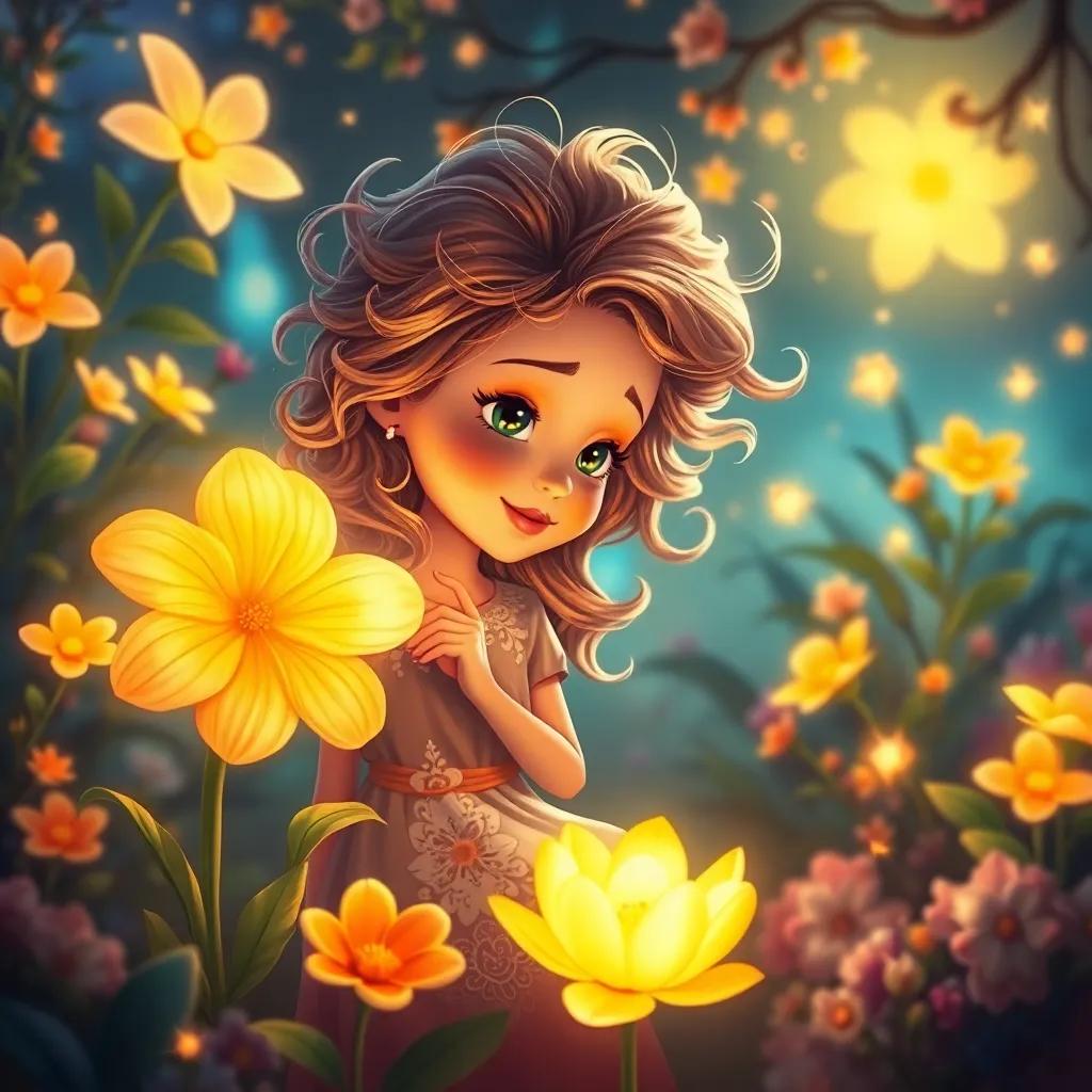 Gallena, a bright girl with wild curls, talking to a glowing flower in a magical garden, surrounded by blooming flowers and twinkling lights, digital illustration, enchanting, warm light, spectacular colors, high quality