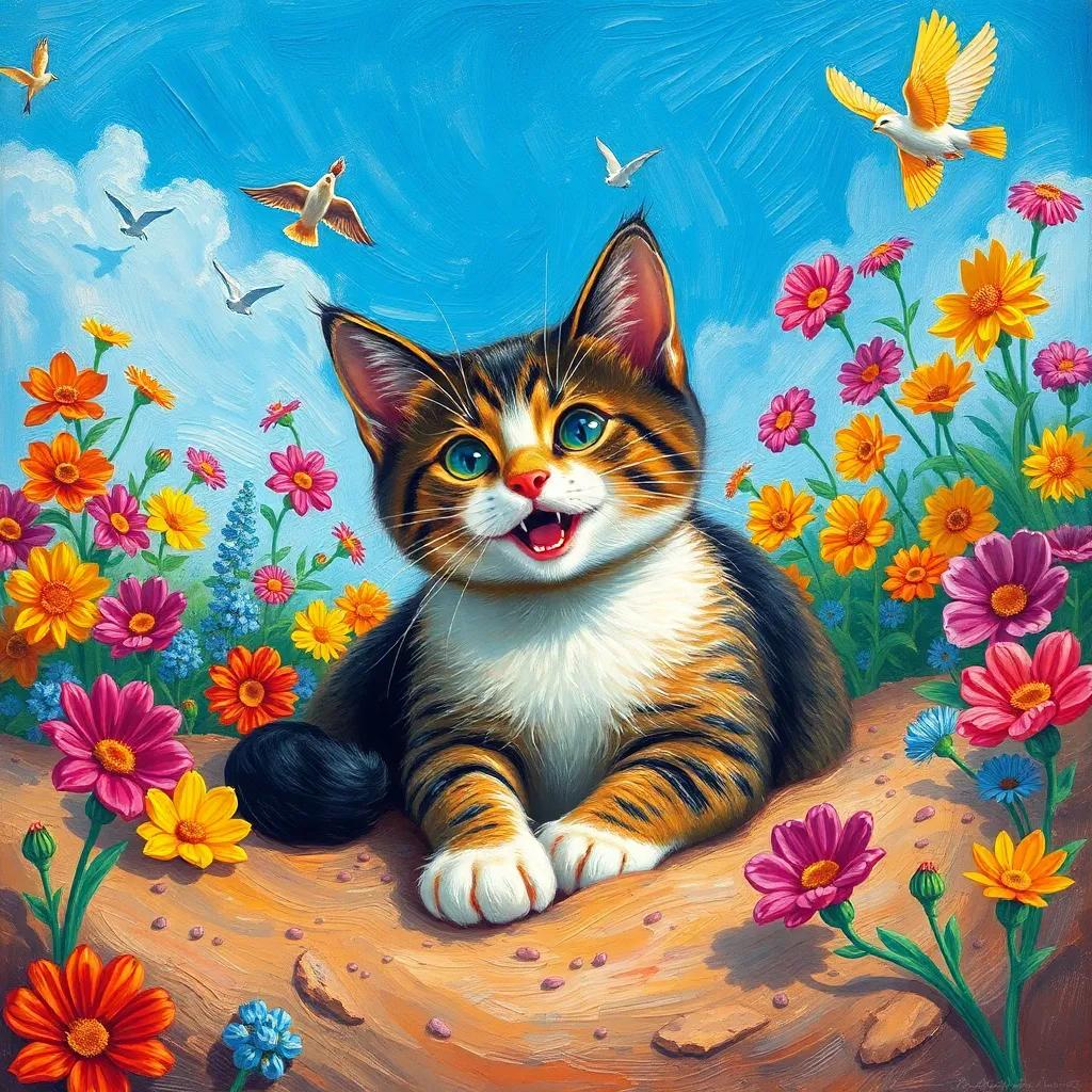 Gato the cat playing in the soft earth, surrounded by colorful flowers and a blue sky, with Pío the bird flying nearby, joyful atmosphere, vivid colors, bright sunlight, high quality