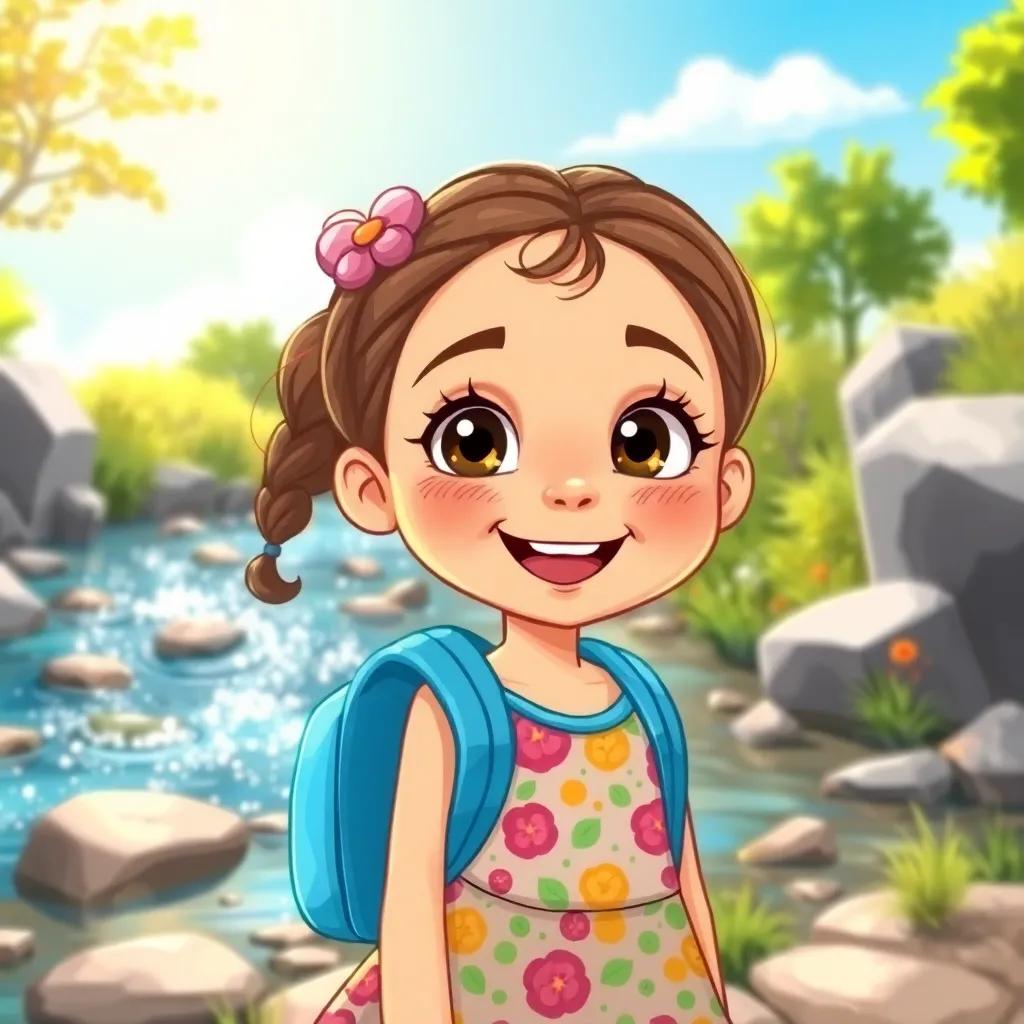 A young girl named Gharam, with bright eyes and a big smile, wearing a colorful dress, standing by a sparkling creek with a blue backpack, joyful expression, sunny day, digital art, vibrant colors, cheerful atmosphere, high quality