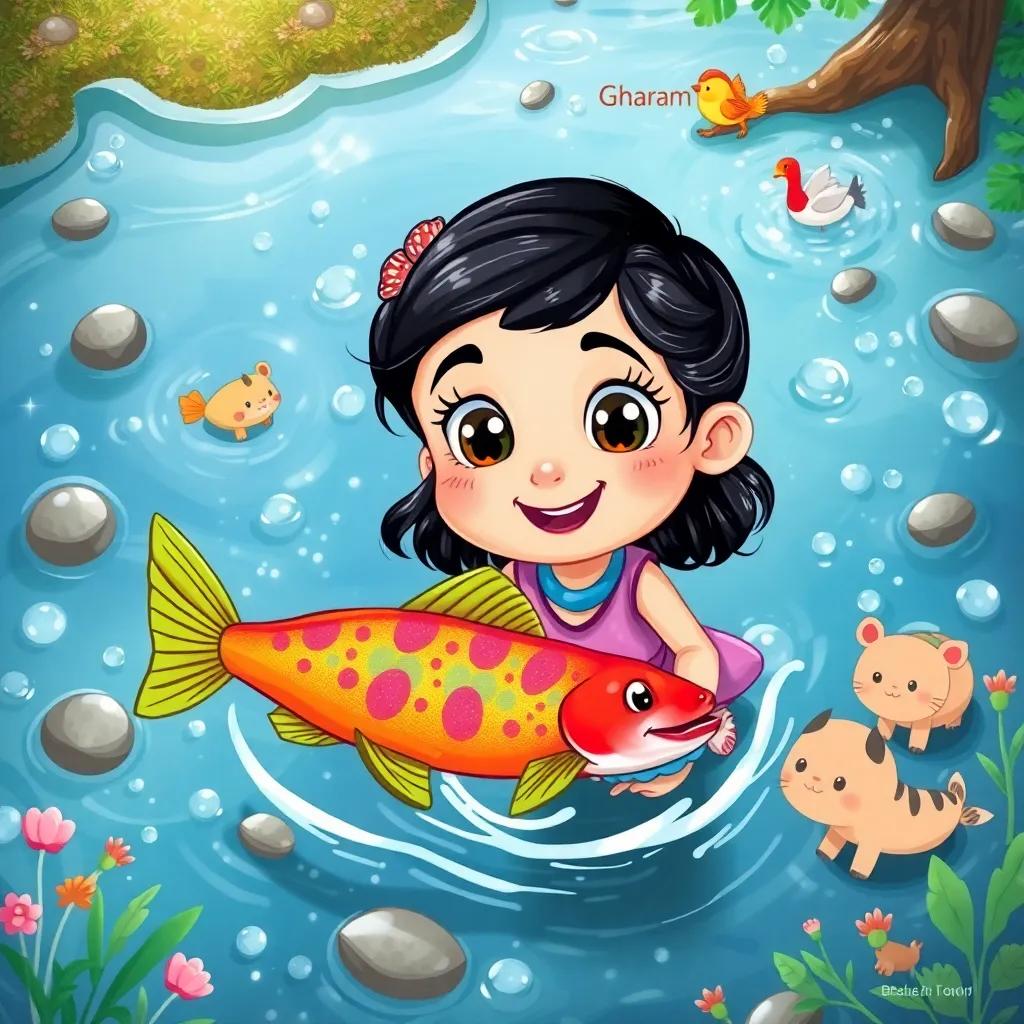 Gharam, a young girl, with bright eyes and a big smile, following a rainbow fish in a sparkling creek, the water shimmering with sunlight, cute animals around, illustration, colorful, lively, adventure-themed, child-friendly