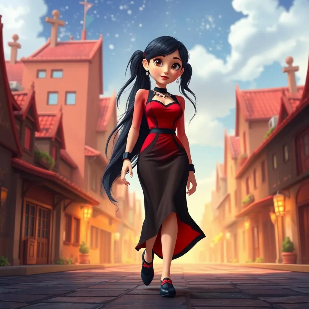 A giantess, Marinette Dupain-Cheng, with long black hair in pigtails, wearing a stylish red and black dress, walking through a small city, her feet causing the ground to shake, digital art, vibrant colors, magical atmosphere, high quality