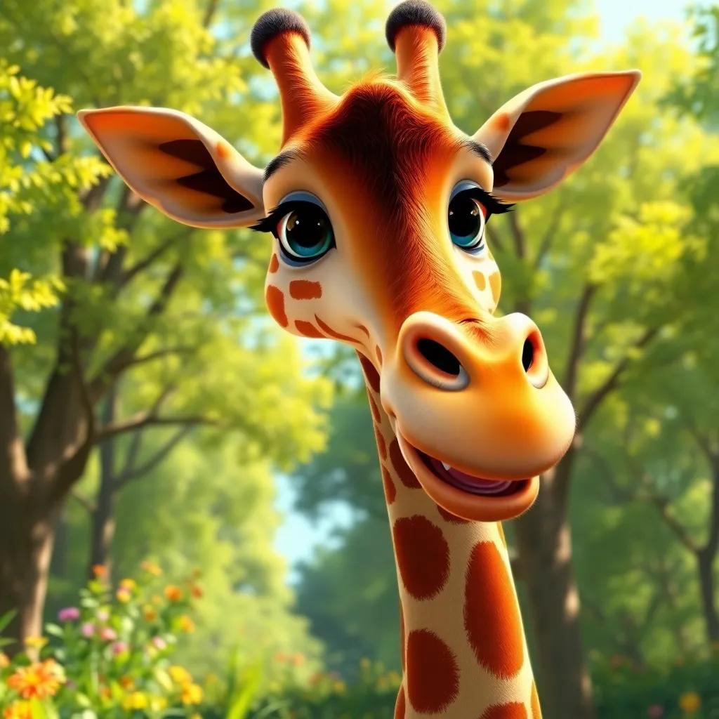 A big giraffe, Gigi, with a long neck, smiling in a sunny forest with green trees and colorful flowers, digital art, bright colors, joyful atmosphere, high quality