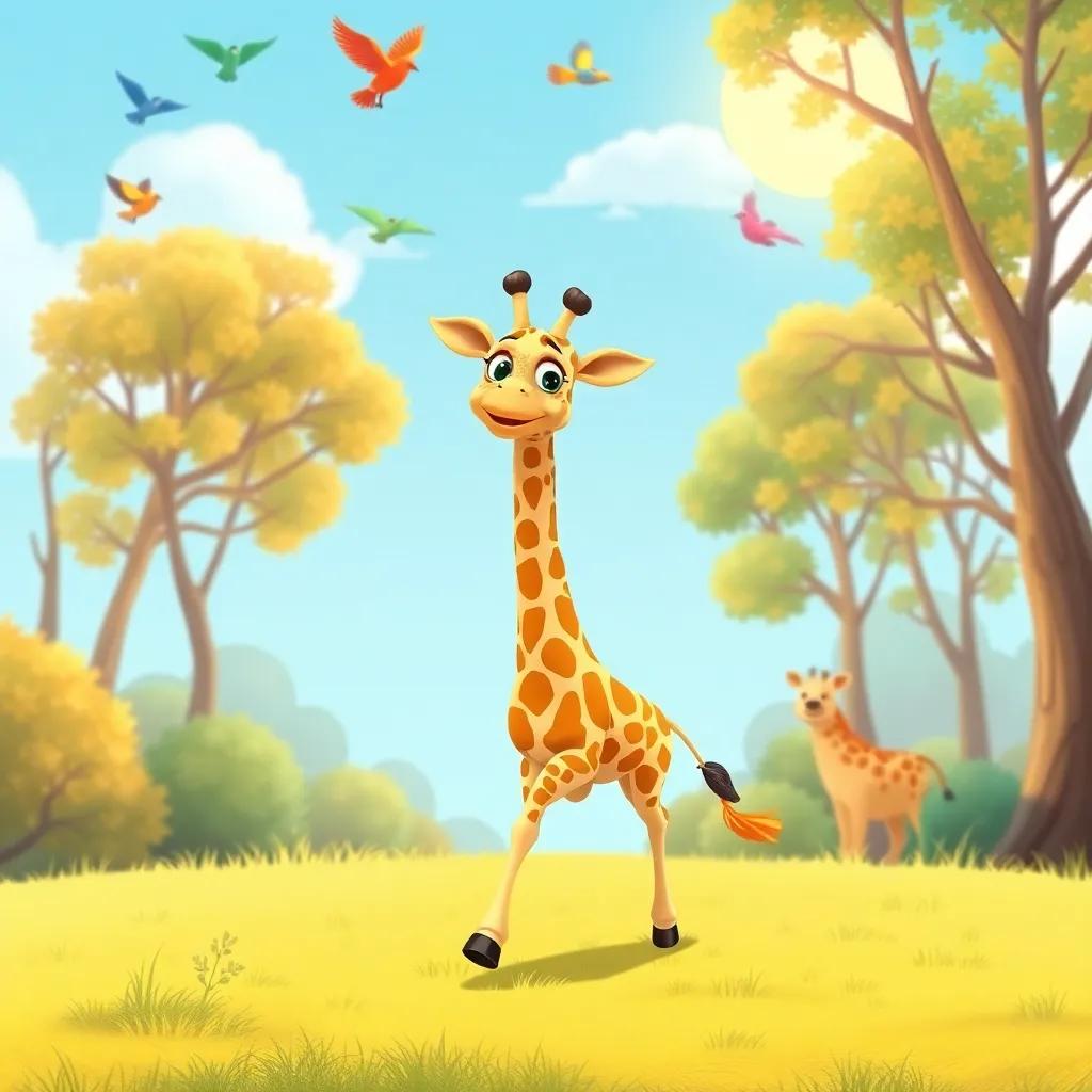 Gigi the giraffe walking on soft grass, waving goodbye to her animal friends in the sunny forest, colorful birds in the sky, cheerful illustration, happy colors, friendly scene