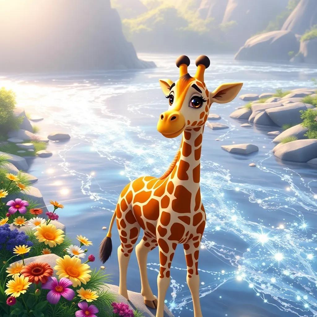Gigi the giraffe standing beside a sparkling river, with sunlight reflecting off the water, colorful flowers around, exciting adventure, bright illustration, clean colors, high quality