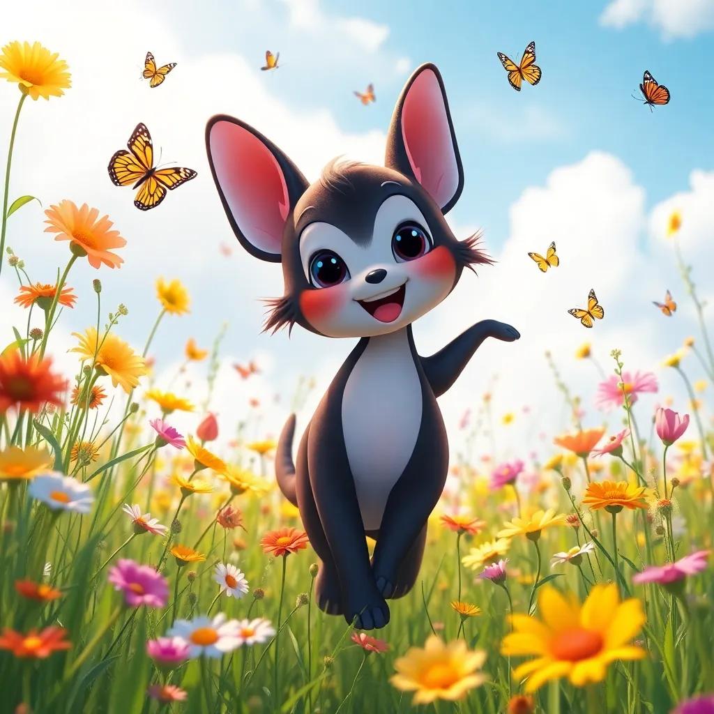 Gigi in a tall meadow with dancing flowers, spinning happily, surrounded by butterflies, joyful and colorful art, vibrant colors, enchanting view