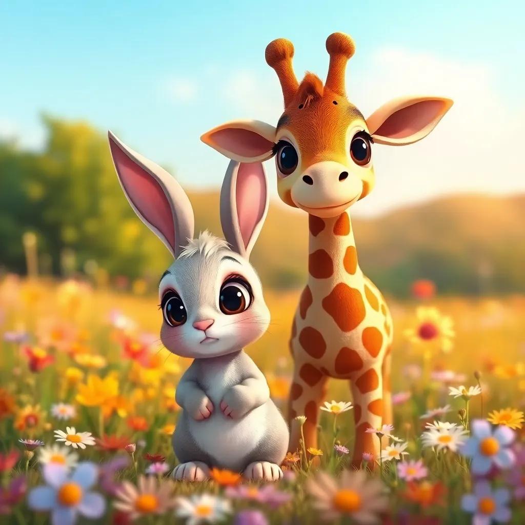 A little bunny with big eyes, looking scared and lost, standing beside Gigi the giraffe in a colorful meadow with flowers, gentle illustration, warm colors, inviting atmosphere