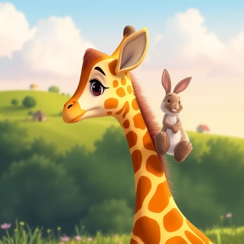 Gigi the giraffe with the little bunny on her back, looking over the horizon, spotting the bunny's home, friendly and magical scene, bright illustration, joyful colors