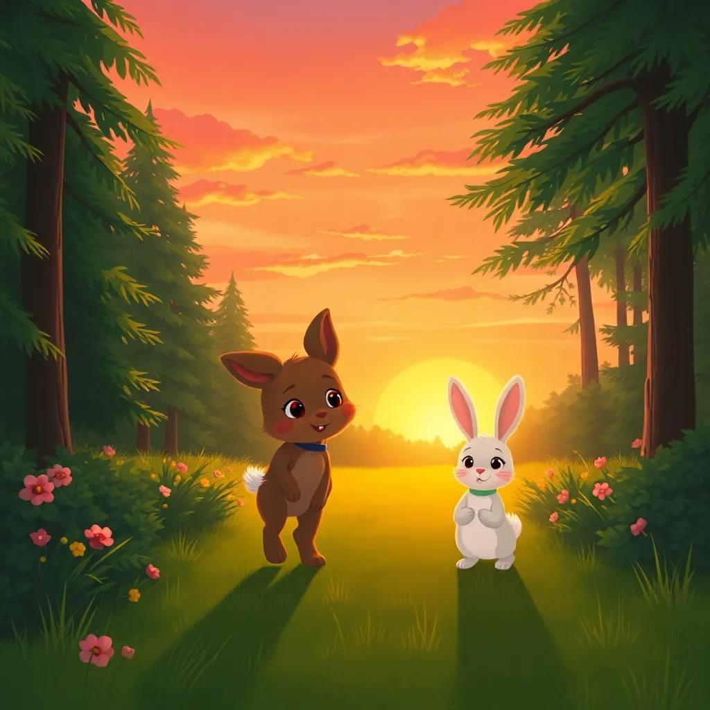 Gigi happily leading the bunny back home, walking through the green forest at sunset, beautiful orange and pink sky, heartwarming illustration, cozy colors, uplifting atmosphere