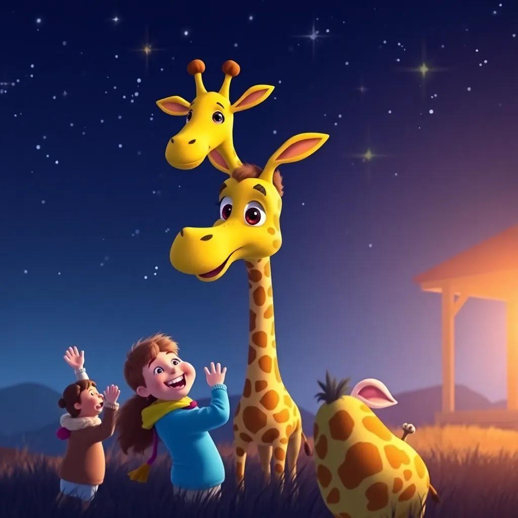 Gigi the giraffe returning home, friends cheering, with sparkling stars in a night sky above, happy and friendly scene, vibrant colors, animated style