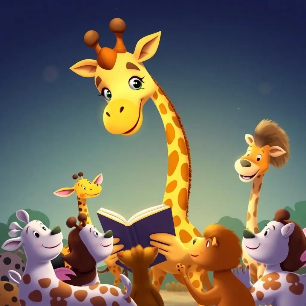Gigi the giraffe sharing her adventure story with friends, all animals gathered around, cheerful atmosphere, playful colors, joyful illustration, warm light