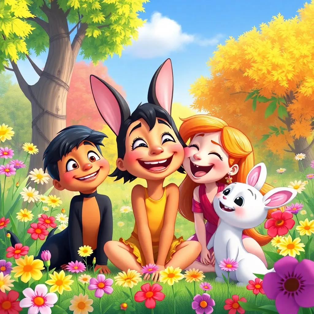 Gigi laughing with her friends, surrounded by colorful flowers and trees, a feeling of friendship and joy, bright colors, delightful illustration, high quality