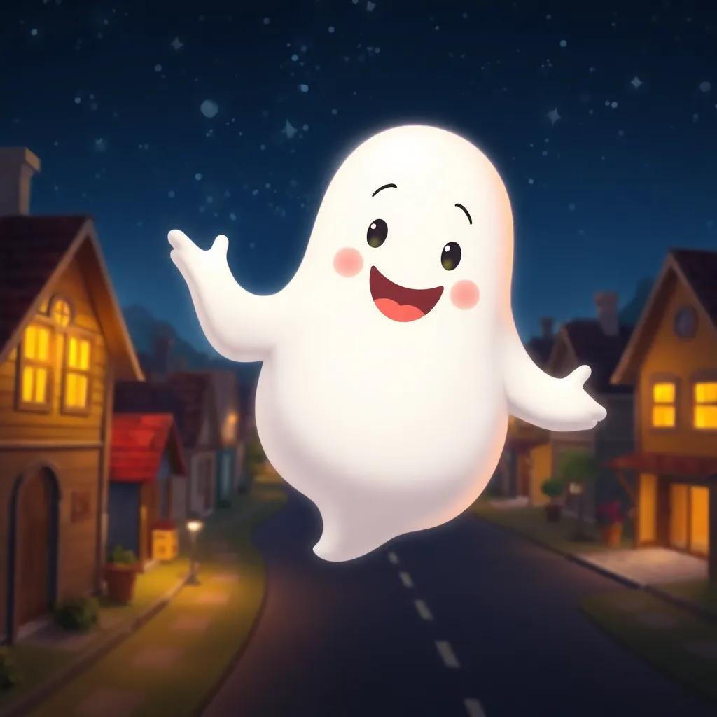 A cheerful ghost named Giggly, with a round, fluffy shape and bright smile, floating in a small town under a starry night sky, whimsical, soft glowing light, fantasy, child-friendly