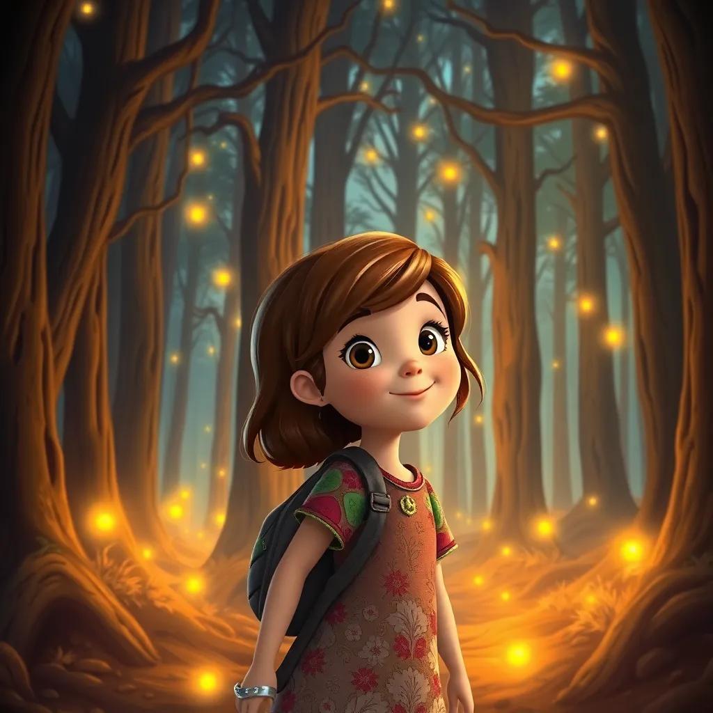 A brave girl named Lily, with brown hair and a colorful shirt, exploring a spooky yet inviting forest filled with tall trees and glowing fireflies, enchanting atmosphere, digital art, warm colors, child-friendly