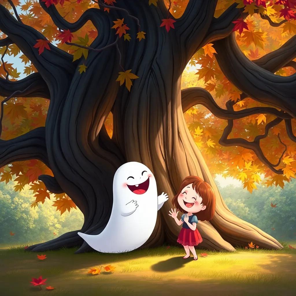 Giggly the ghost and Lily, laughing together under a big, old tree with colorful leaves, Giggly showing his ghostly smile, heartwarming scene, bright and cheerful, illustration, child-friendly
