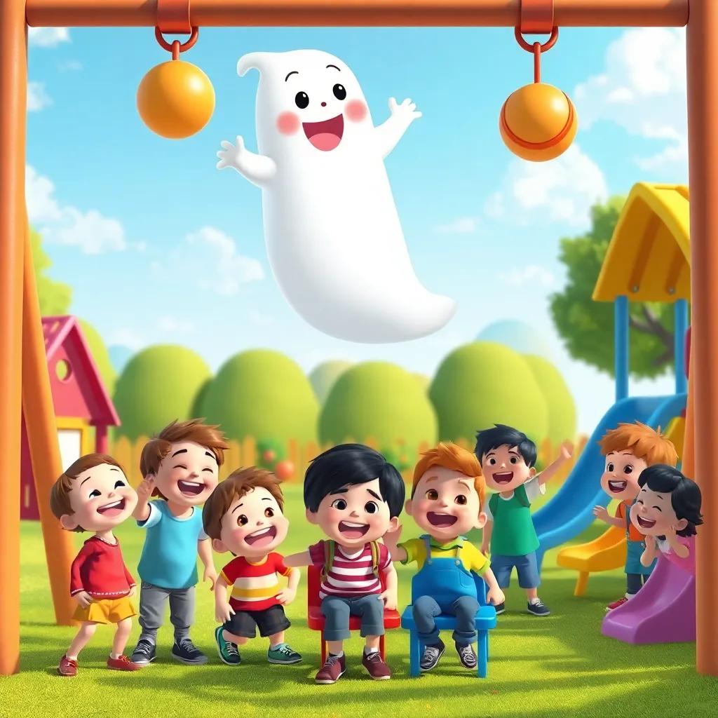 A lively playground filled with happy children, Giggly the ghost floating above, telling funny stories, children laughing, colorful swings and slides, joyful atmosphere, digital painting