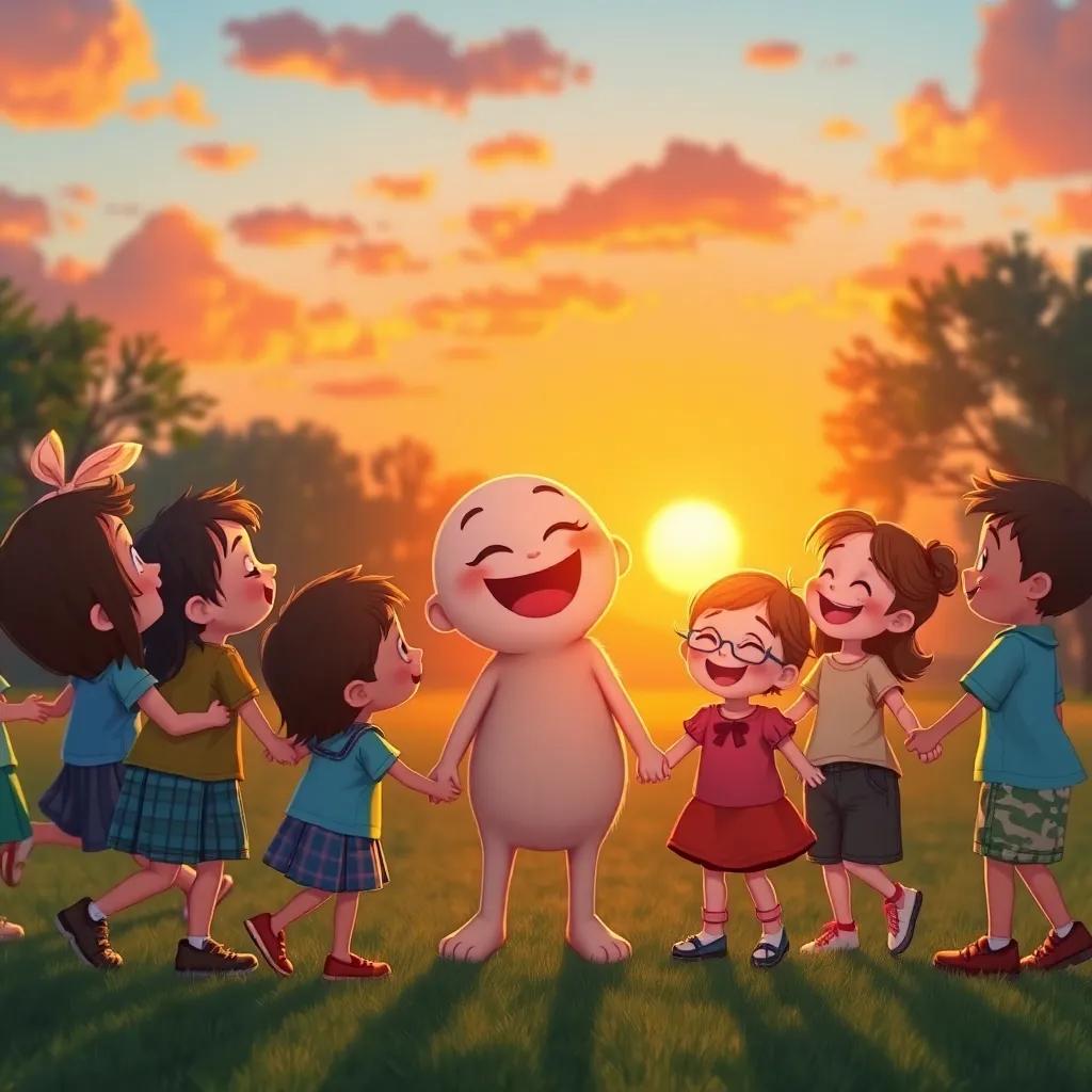 Giggly surrounded by children at sunset, sharing giggles and joy, holding hands and playing at a park, heartwarming scene, rich colors, lively atmosphere, illustration