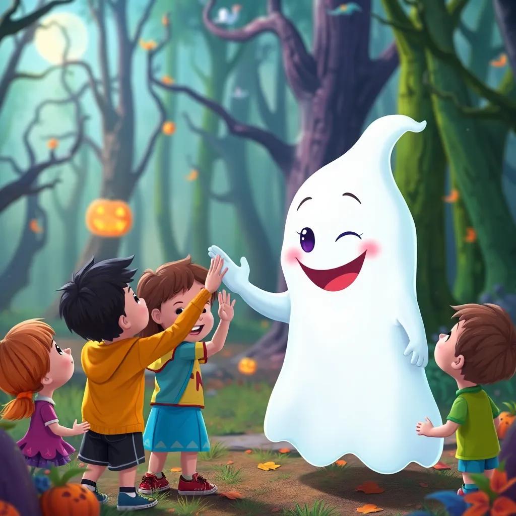 Giggly, a happy ghost, high-fiving children, in a spooky yet colorful forest, with laughter in the air, cheerful atmosphere, vibrant colors, digital art, child-friendly
