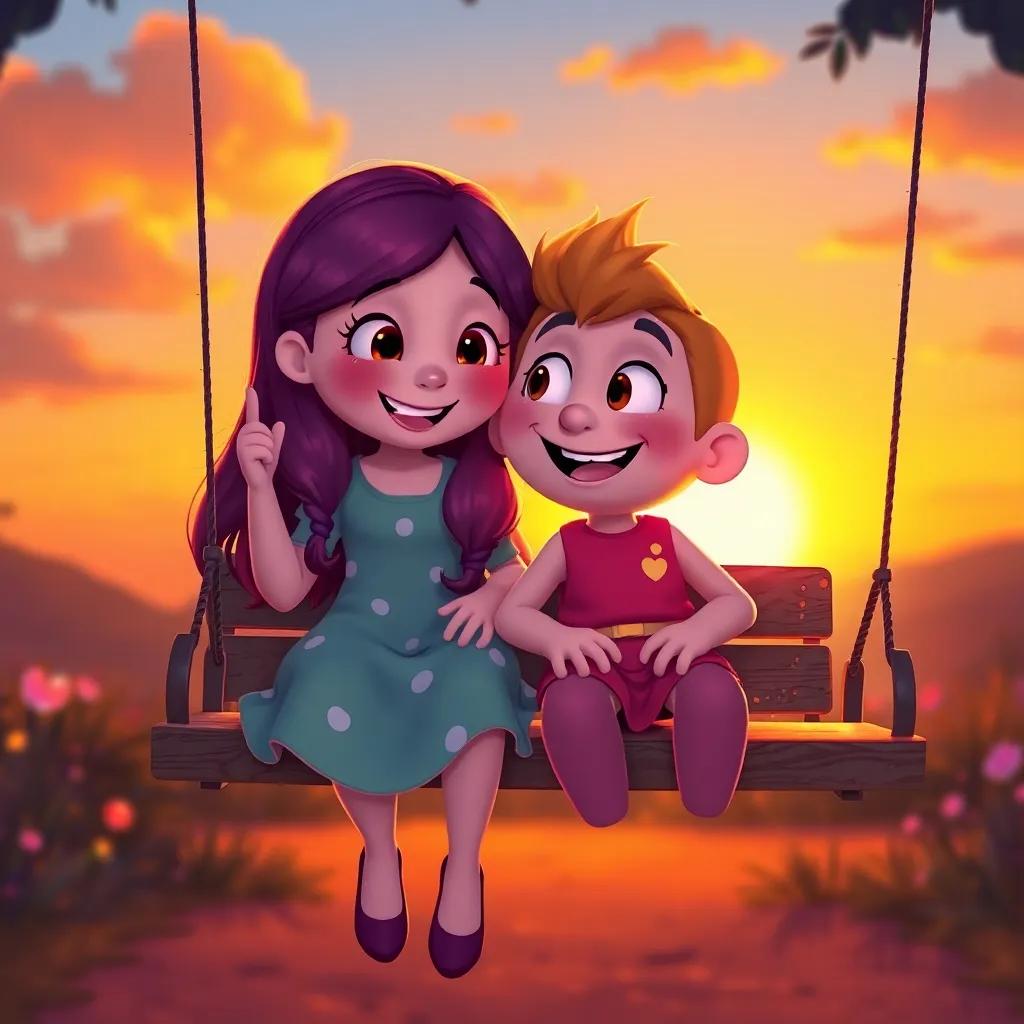 Lily and Giggly, sitting together on a swing, talking happily as the sun sets, warm glow surrounding them, friendship scene, colorful background, heartwarming, illustration
