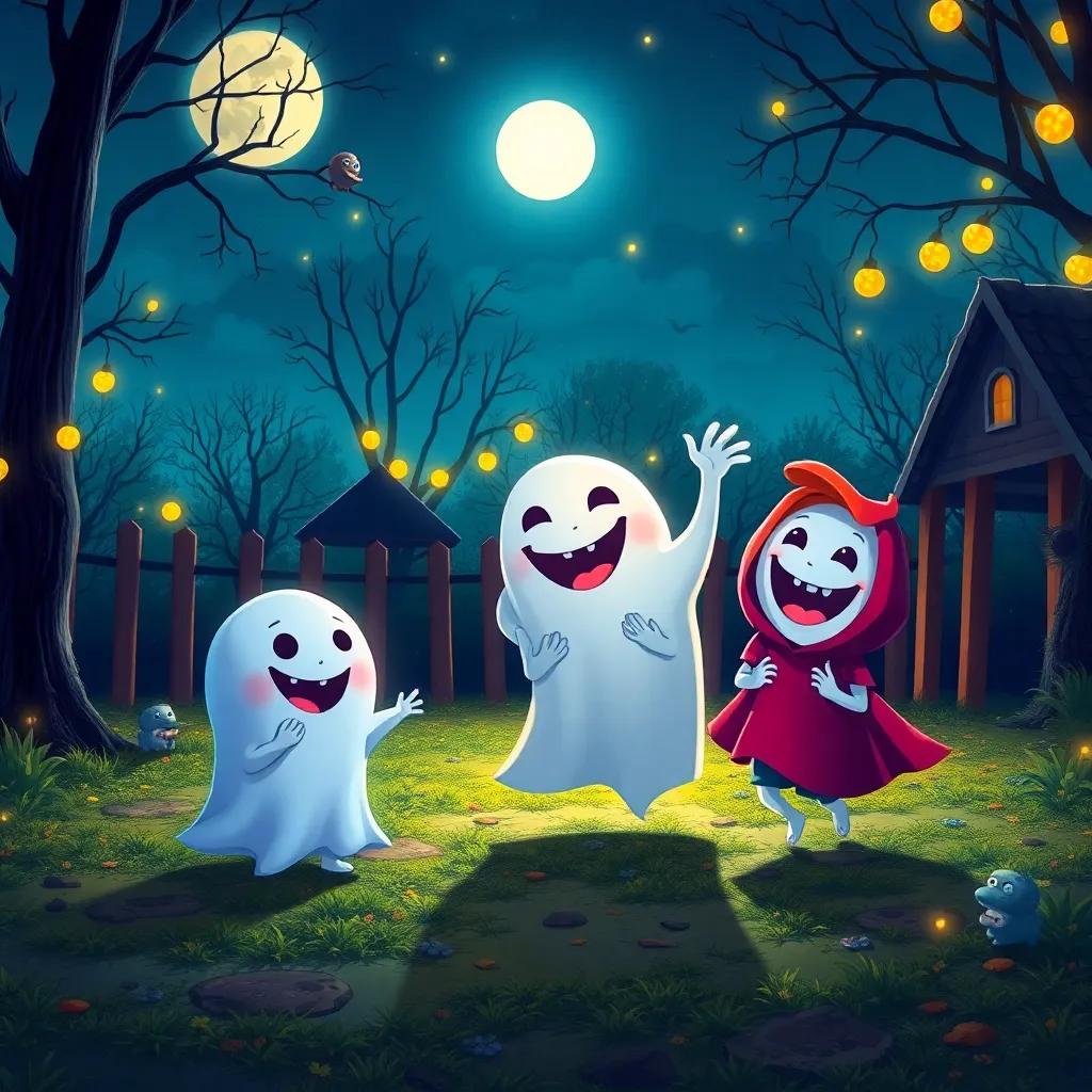 Giggly the ghost and his friends playing hide-and-seek in a moonlit playground, with laughter lighting up the night, joyful and magical, vivid colors, joyful atmosphere, digital painting