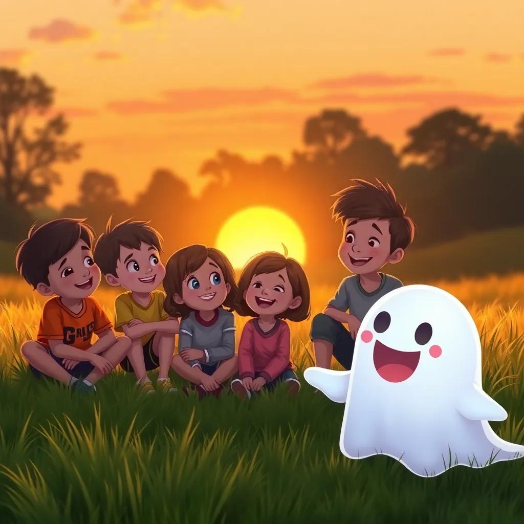 A group of kids and Giggly the ghost, sitting on the grass at sunset, smiling and sharing their adventures, warm colors, heartwarming moment, illustration