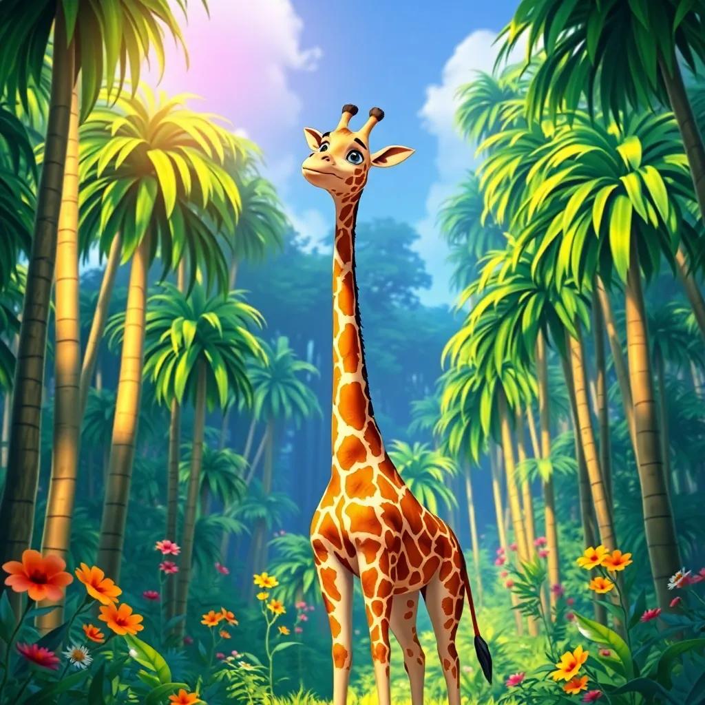 A tall giraffe named Gigi, standing in a vibrant green jungle with tall trees and bright flowers, her long neck reaching towards the sky, digital art, colorful, cheerful atmosphere, child-friendly, high quality