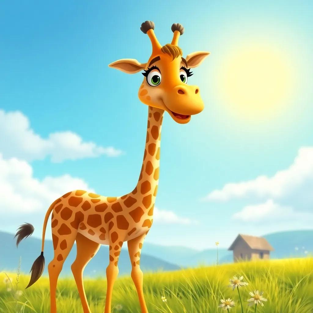 Gigi the giraffe with long legs and a long neck, looking excited as she prepares for her adventure under a sunny sky, illustration, warm light, joyful colors, high quality