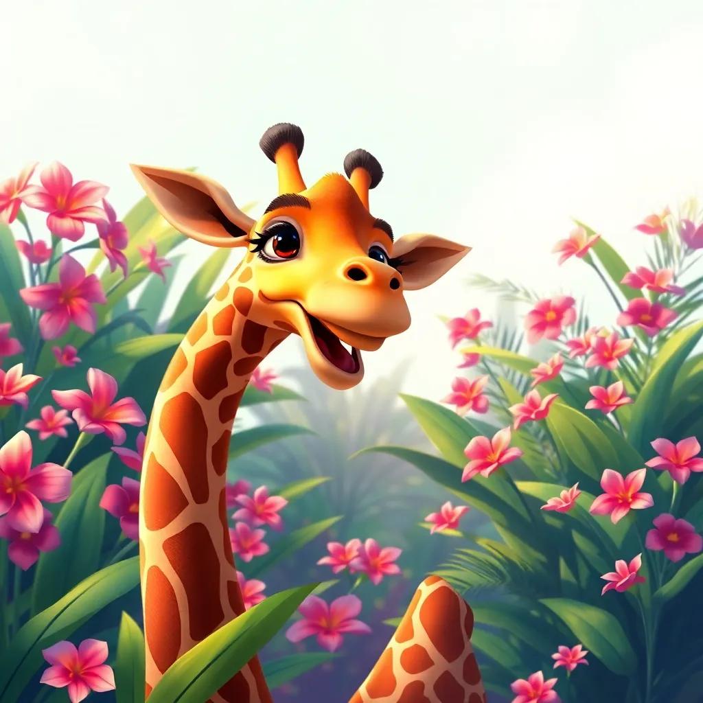 Gigi the giraffe stretching her long neck near blooming flowers, surrounded by tropical plants, smiling widely, digital painting, vibrant colors, inviting atmosphere, detailed, cheerful