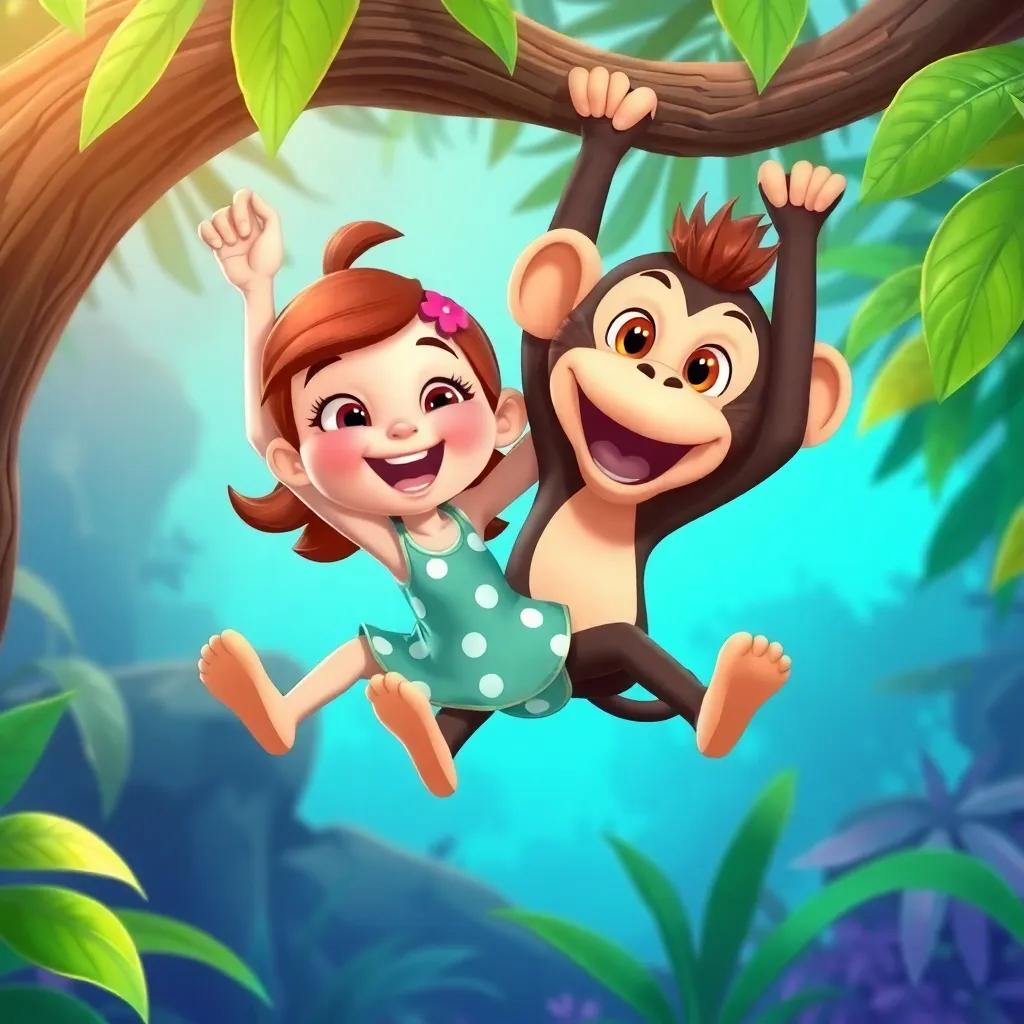 Gigi with her friend Max the monkey swinging from a branch with joy, colorful jungle background, both happy and playful, illustration, bright and fun, child-friendly, high quality