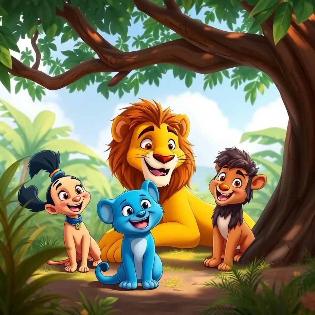 Gigi and Max meet Leo the lion, who is lying in the shade of a tree, all of them smiling and having fun, jungle scenery, colorful art, cheerful mood, detailed, high quality