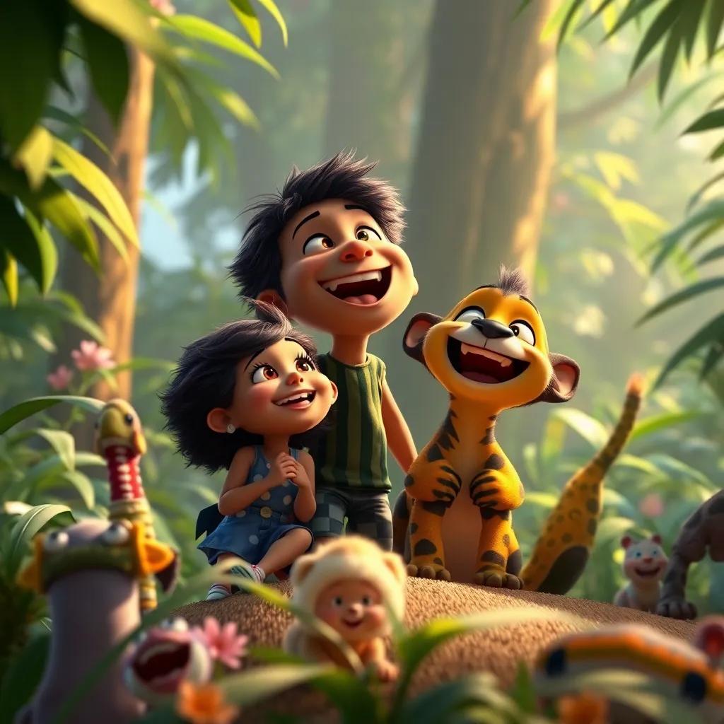 Gigi, Max, and Leo enjoying their journey through the jungle, singing and laughing together, surrounded by lush greenery and colorful animals, digital art, lively colors, engaging, warm lighting, high quality