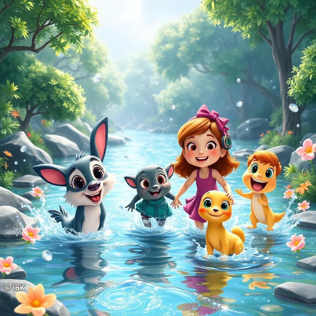Gigi and her friends at a sparkling river, splashing water joyfully, with trees and flowers around, creating a fun atmosphere, digital painting, colorful and playful, high quality