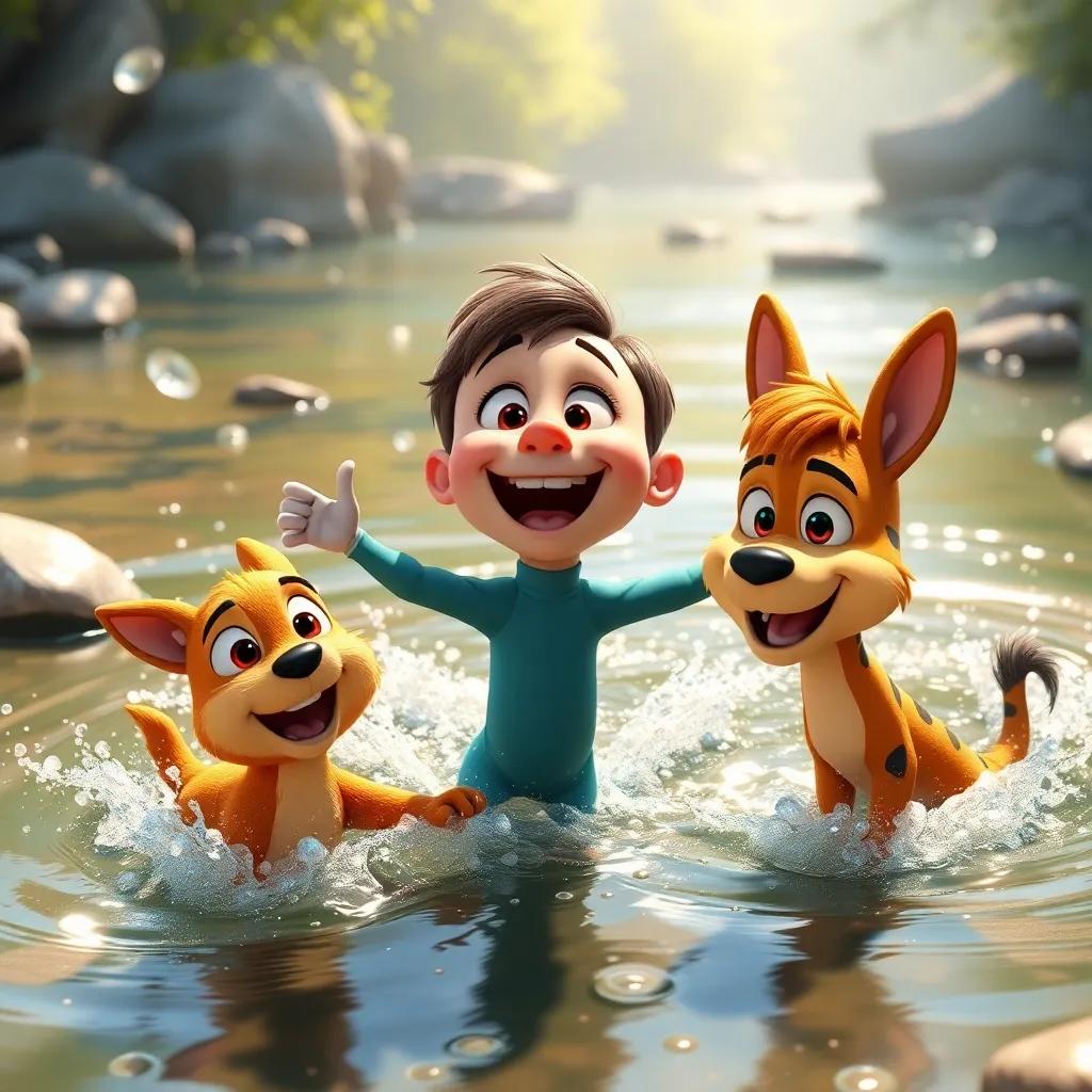 Gigi happily playing in the river, with Max and Leo, all three friends together enjoying the cool splashes, cheerful vibe, detailed and vibrant, high quality