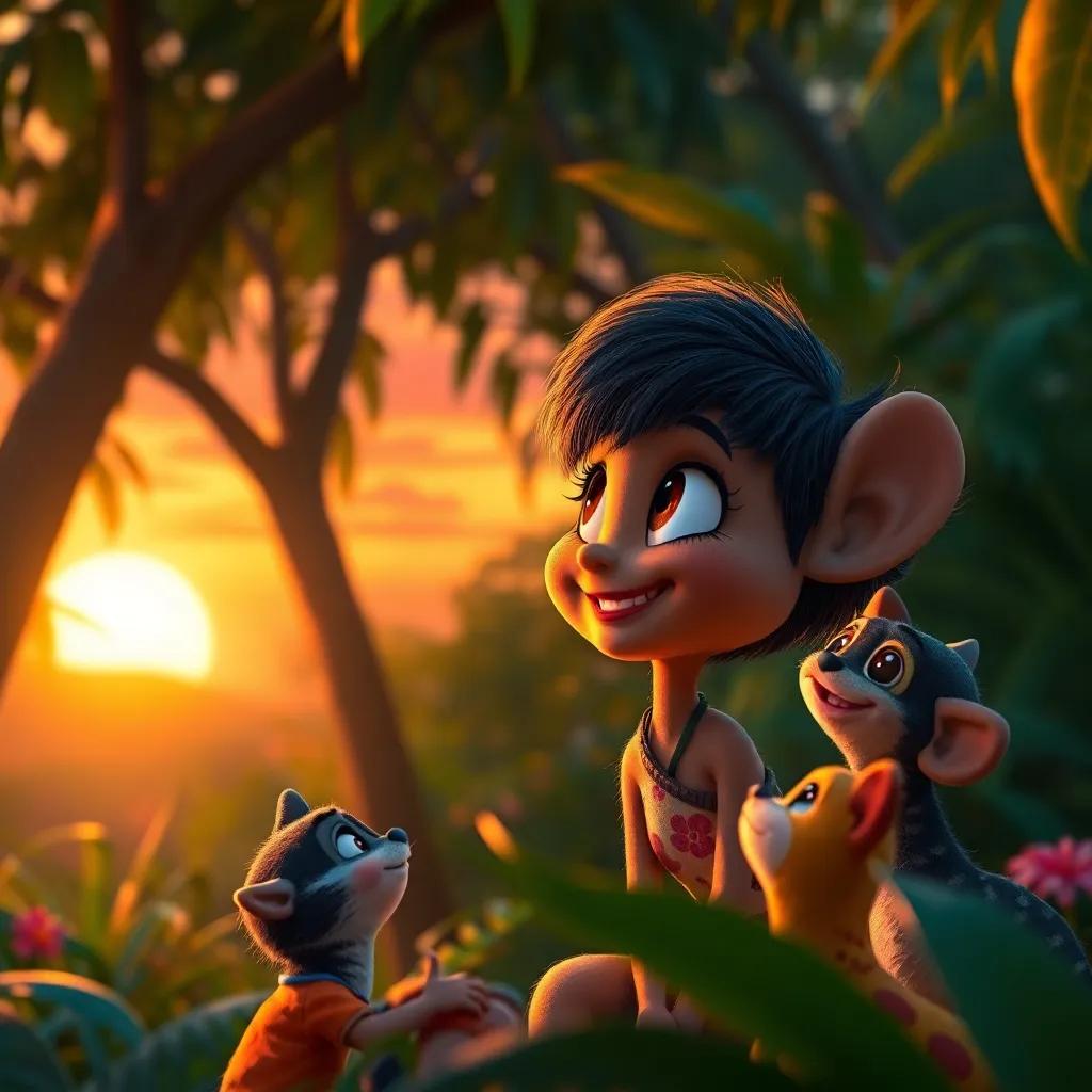 As the sun sets, Gigi looks at her friends with joy in her eyes, the warm colors of sunset filling the jungle, heartwarming scene, detailed, inviting, high quality