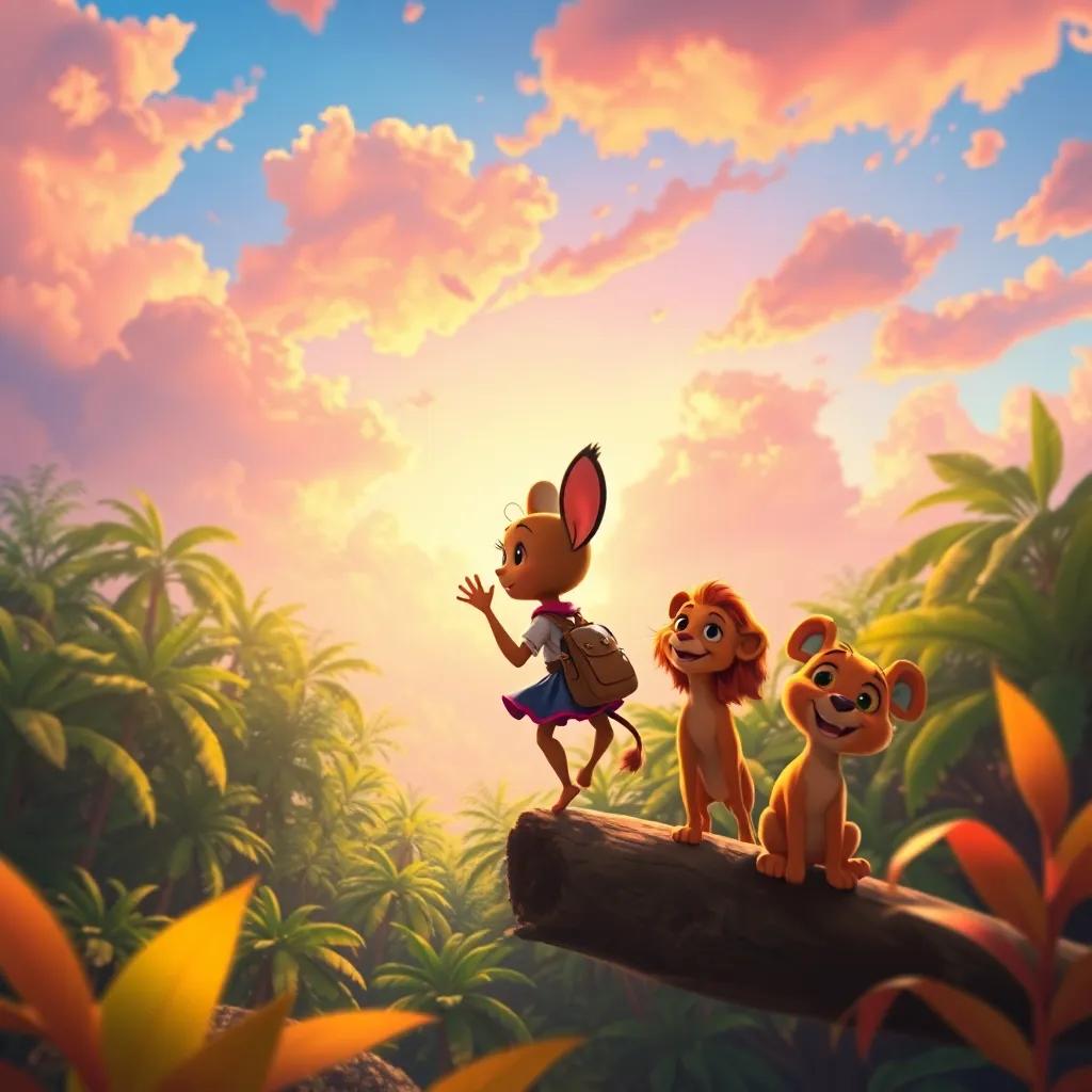 Gigi saying goodbye to the beautiful jungle as she heads home with Max and Leo, the sky filled with vibrant colors, a sense of adventure and friendship, digital art, colorful and heartwarming, high quality