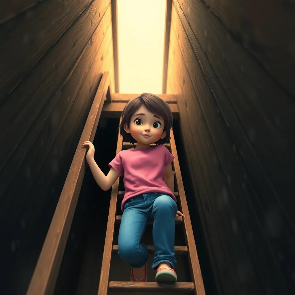 A young girl, Gina, with short brown hair wearing a pink t-shirt and jeans, climbing up a dusty attic ladder on a rainy afternoon, digital art, soft light, warm colors, inviting atmosphere, high quality