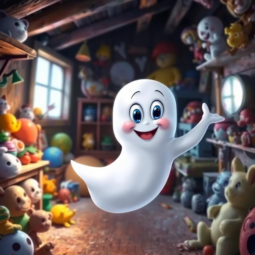 A friendly ghost named Casper, with big bright eyes and a warm smile, floating gracefully in a dusty attic filled with old toys, digital painting, cheerful, playful atmosphere, bright colors
