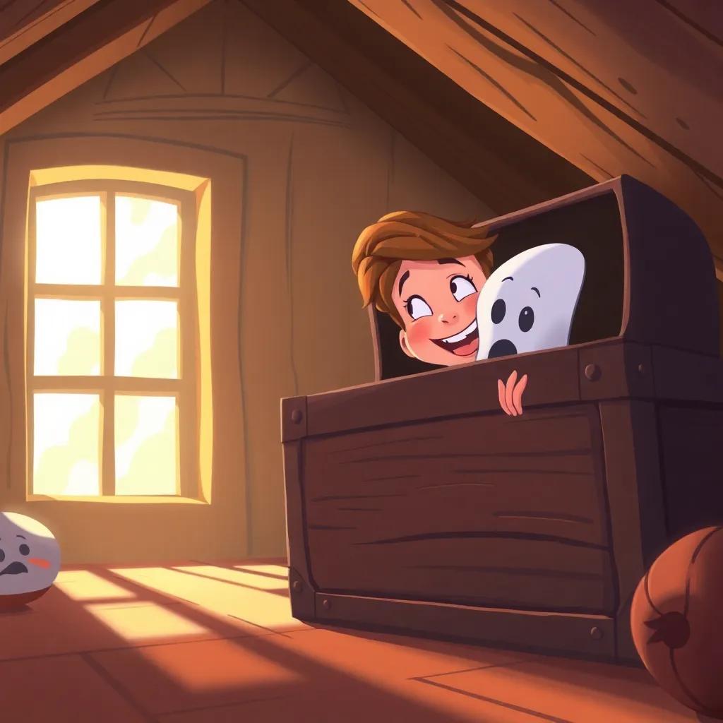 Gina laughing joyfully as she plays hide and seek with Casper, peeking behind an old trunk with sunlight streaming through the attic window, illustration, dynamic, fun perspective, child-friendly