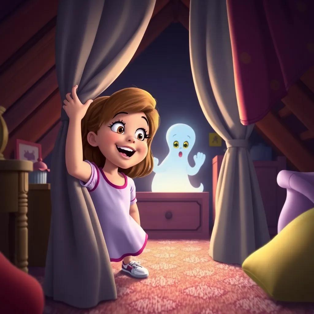 Gina searching excitedly in the attic, finding Casper behind the curtains, his ghostly figure glowing warmly in the light, vibrant colors, storytelling view, high quality