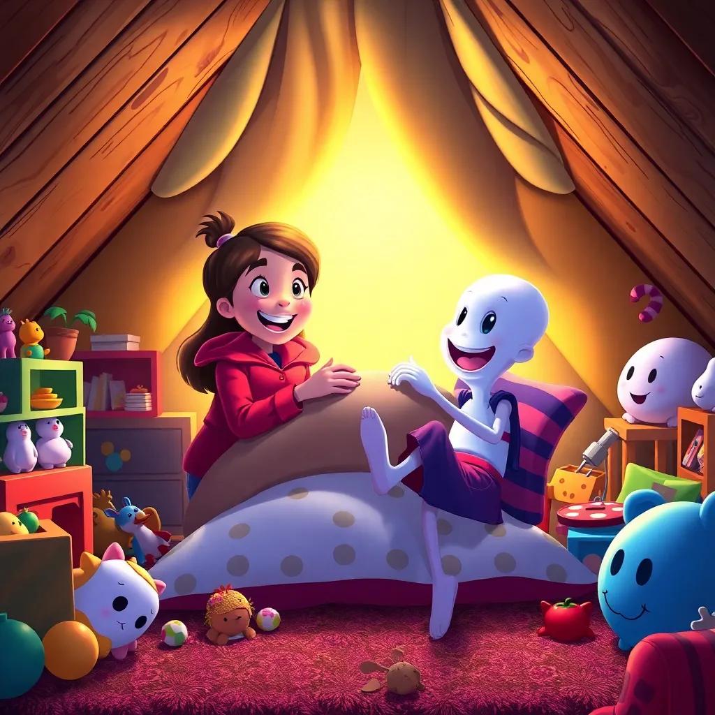 Gina and Casper building a cozy pillow fort together in the attic, surrounded by toys and laughter, vibrant, heartwarming colors, joyful atmosphere, captivating art