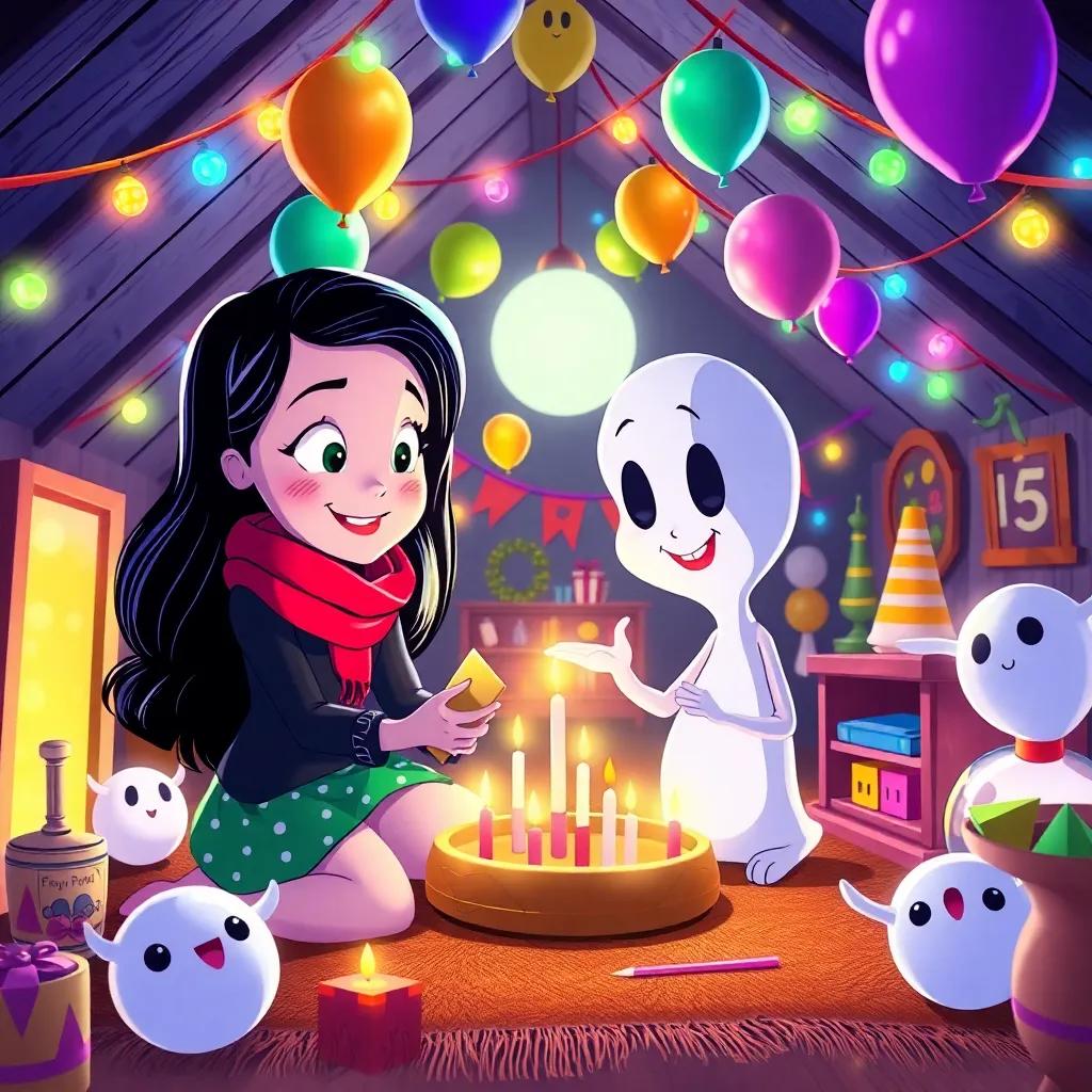 Gina and Casper planning a ghost party with balloons and decorations in the bright attic, filled with excitement and colorful lights, cheerful, festive scene, illustration