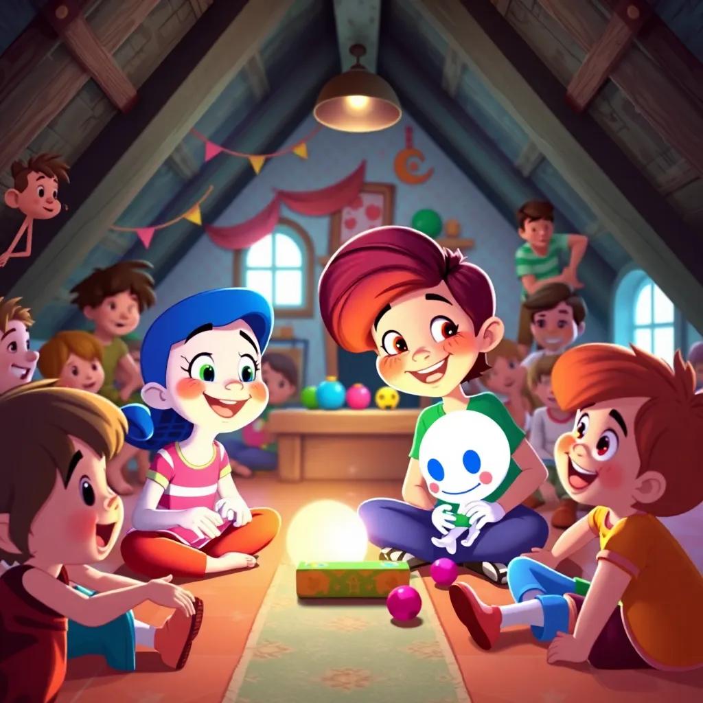 A cheerful scene of Gina and Casper playing games with other kids in the attic, everyone smiling and having fun, playful colors, vibrant atmosphere, heartwarming