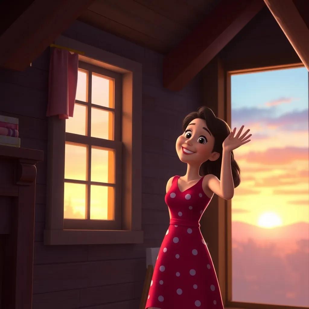 Gina waving goodbye to Casper as she leaves the attic, promising to return, warm smile on her face, sunset light filtering through the attic window, heartwarming, soft colors, inviting atmosphere
