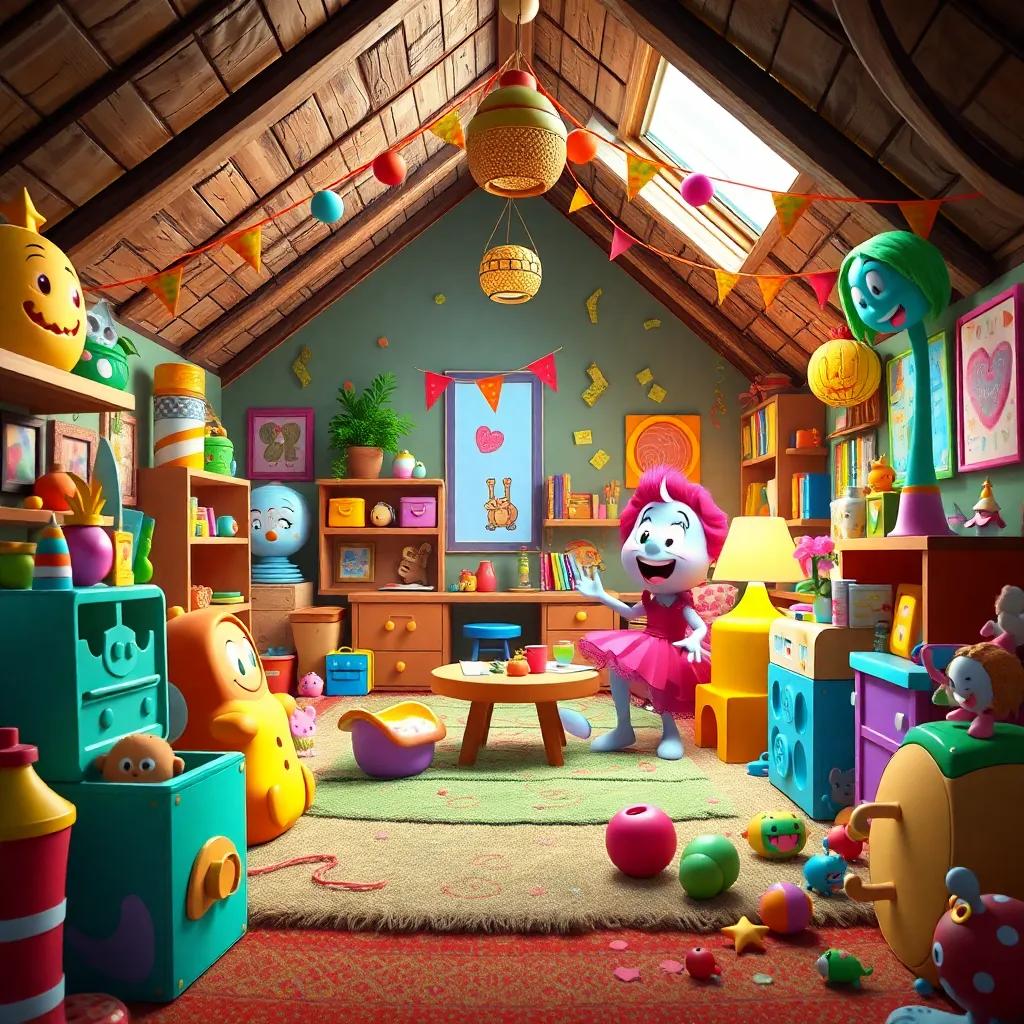 Gina and Casper's attic transformed into a fun play area filled with toys, laughter, and decorations, lively, colorful atmosphere, digital art, high quality