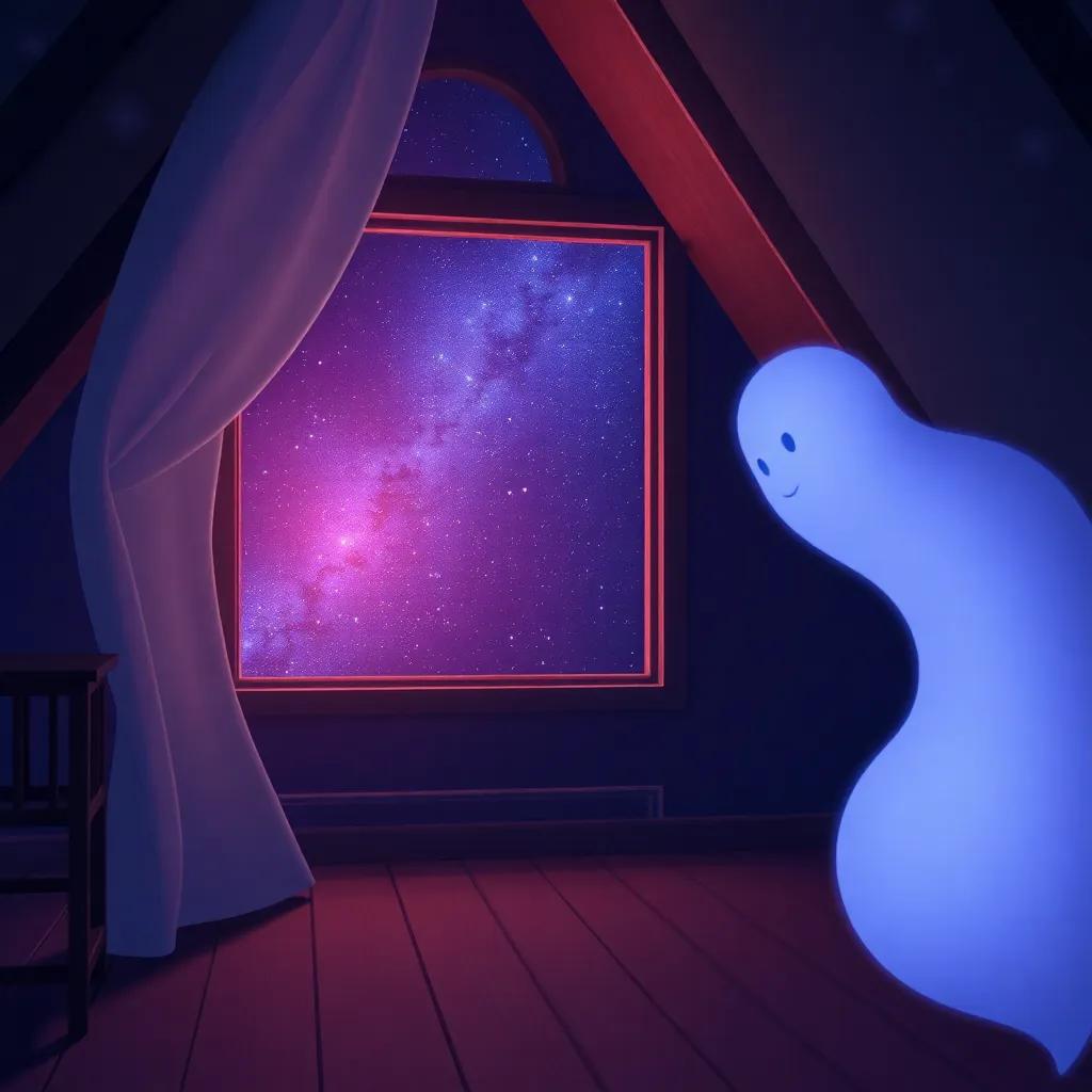 A serene scene of the attic at night with a starry sky outside window, reflecting the glow of friendship between Gina and Casper, dreamy colors, peaceful atmosphere, enchanting