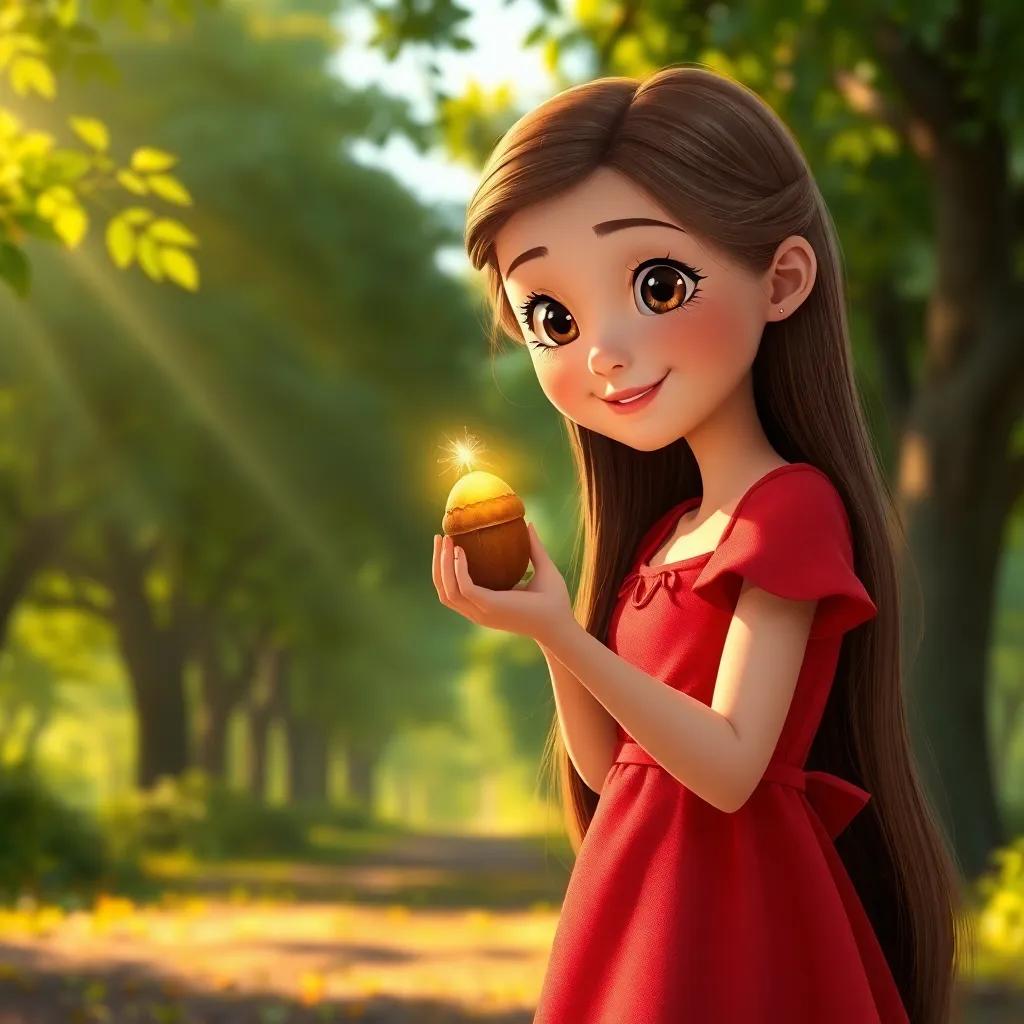 Gina, a young girl with long brown hair in a red dress, holding the golden acorn that sparkles in her hand, surrounded by lush green trees and golden sunlight filtering through, whimsical style, cheerful ambiance, high quality