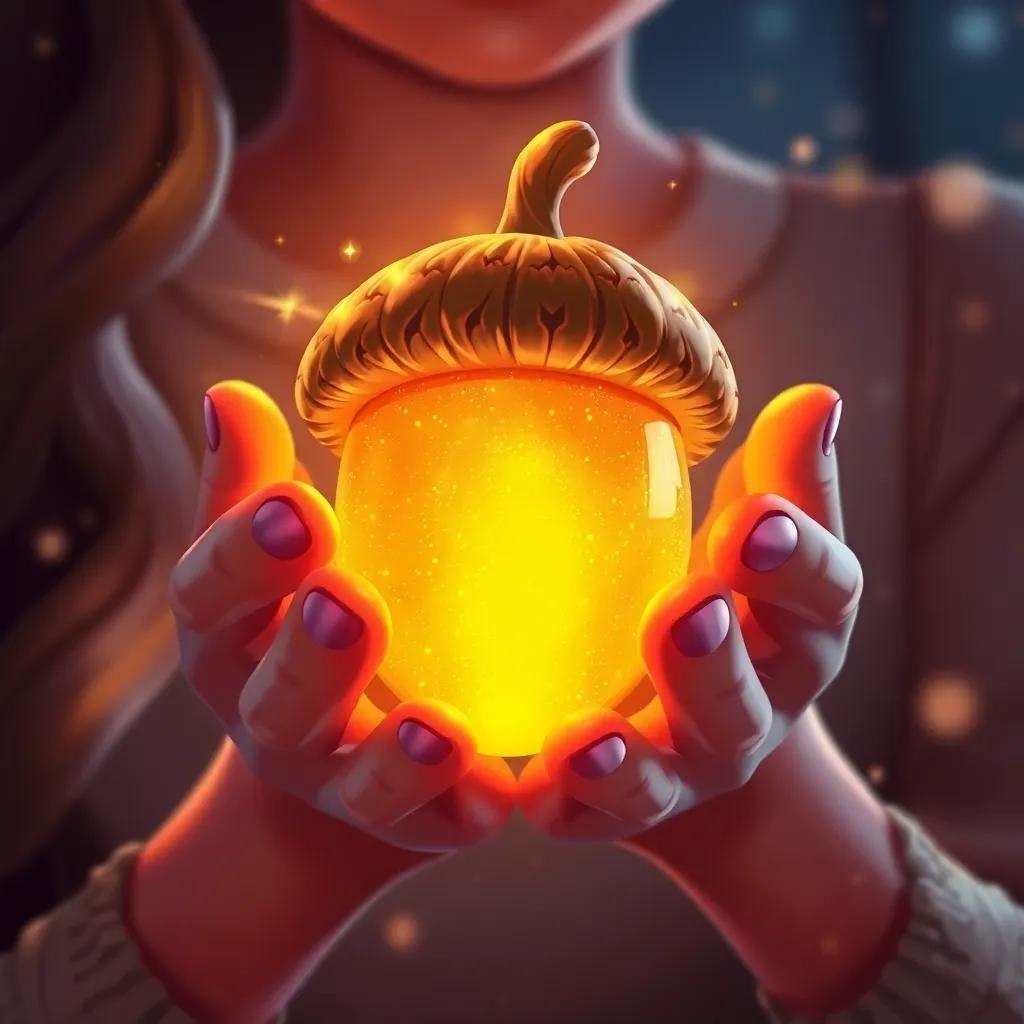 Close-up of the golden acorn glowing in Gina's hands, bright lights reflecting off its surface, with little sparkles around it, detailed illustration, magical effect, warm colors, enchanting background, high quality