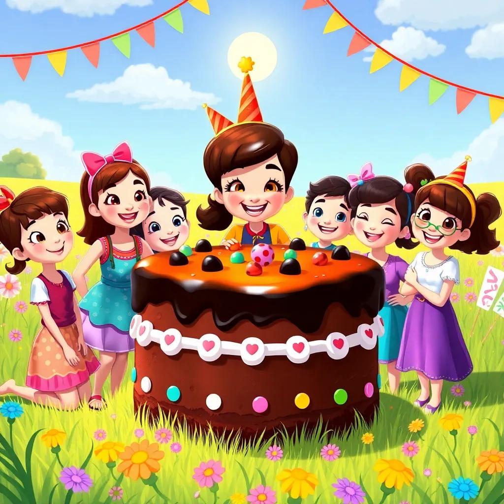 Gina with her friends gathered around a giant chocolate cake in a sunny meadow, everyone smiling with joy, colorful decorations around, blissful atmosphere, cartoonish style, high quality