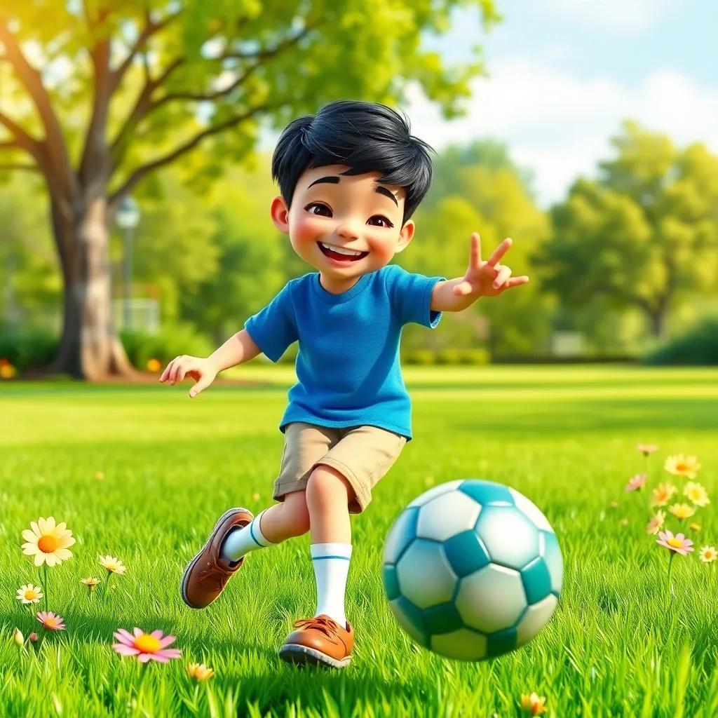 A joyful scene of Gina’s friend Max, a young boy with short black hair, wearing a blue shirt, kicking a new shiny soccer ball, with flowers and grass in a park, lively and fun vibe, bright colors, high quality